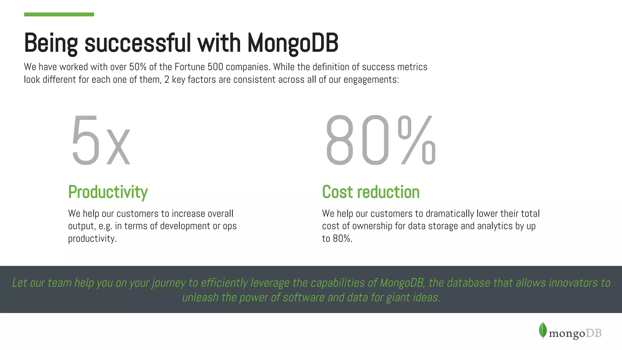 Let our team help you on your journey to efficiently leverage the capabilities of MongoDB, the database that allows innovators to
unleash the power of software and data for giant ideas.
Being successful with MongoDB
We have worked with over 50% of the Fortune 500 companies. While the definition of success metrics
look different for each one of them, 2 key factors are consistent across all of our engagements:
5xProductivity
We help our customers to increase overall
output, e.g. in terms of development or ops
productivity.
80%Cost reduction
We help our customers to dramatically lower their total
cost of ownership for data storage and analytics by up
to 80%.
 