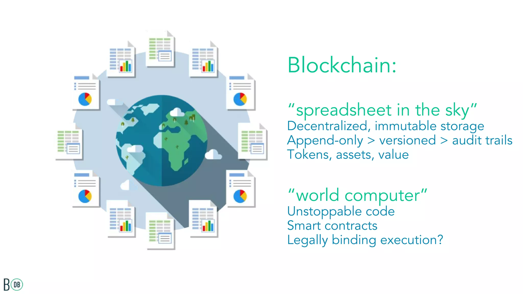 Blockchain:
“spreadsheet in the sky”
Decentralized, immutable storage
Append-only > versioned > audit trails
Tokens, assets, value
“world computer”
Unstoppable code
Smart contracts
Legally binding execution?
 