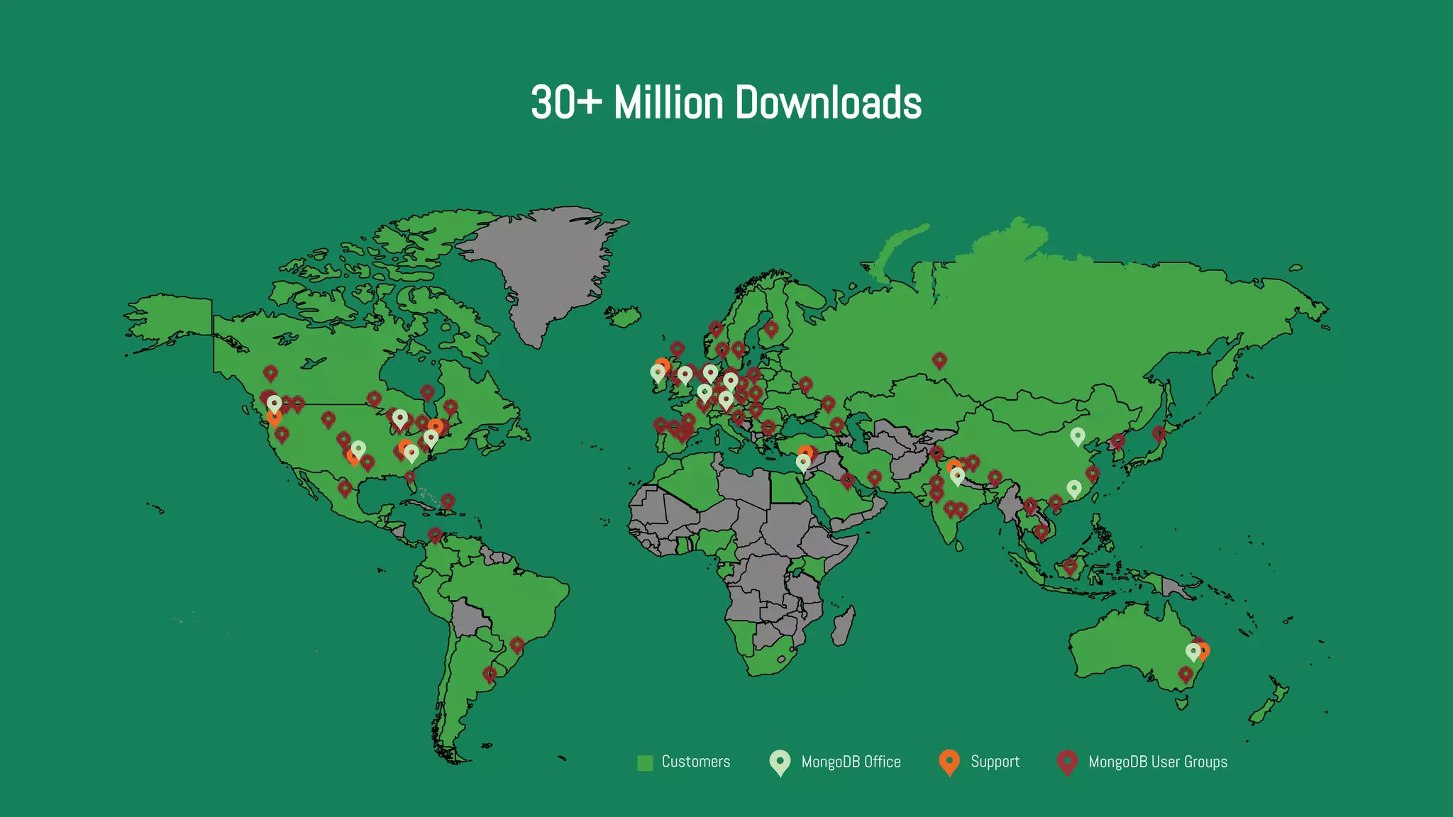 Customers MongoDB Office Support MongoDB User Groups
30+ Million Downloads
 