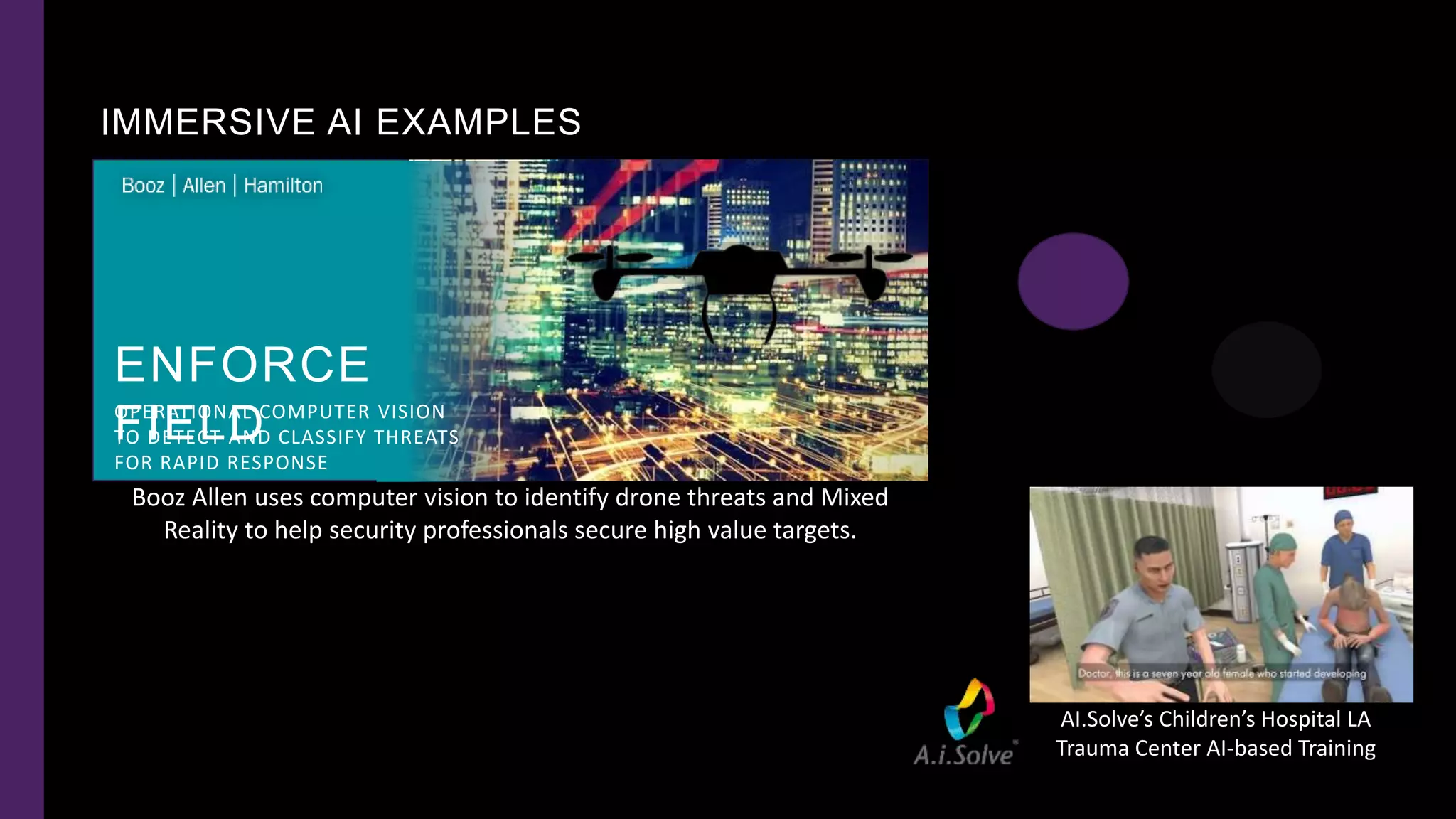 IMMERSIVE AI EXAMPLES
13Booz Allen Hamilton Internal
AI.Solve’s Children’s Hospital LA
Trauma Center AI-based Training
Booz Allen uses computer vision to identify drone threats and Mixed
Reality to help security professionals secure high value targets.
ENFORCE
FIELDOPERATIONAL COMPUTER VISION
TO DETECT AND CLASSIFY THREATS
FOR RAPID RESPONSE