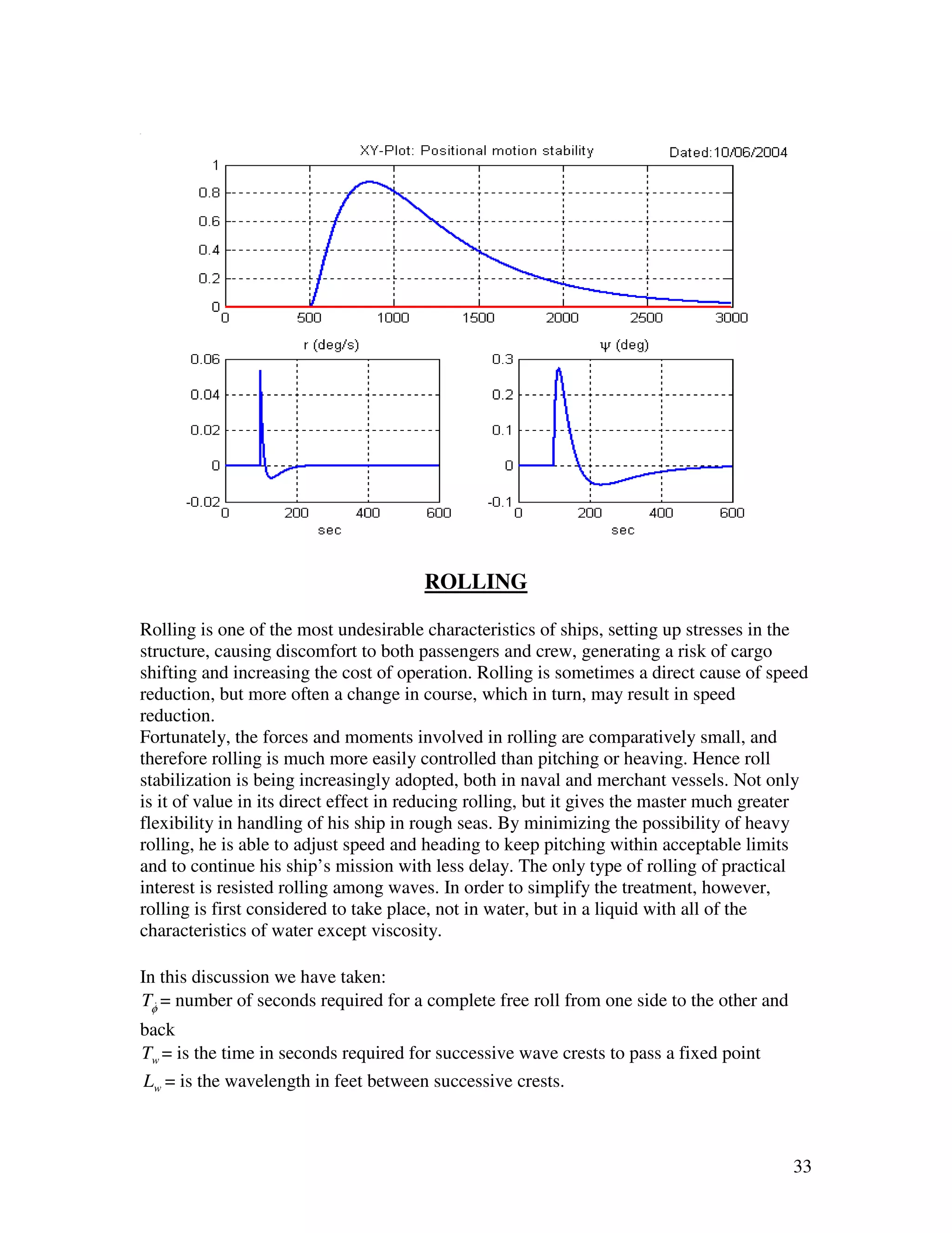 ROLLING

Rolling is one of the most undesirable characteristics of ships, setting up stresses in the
structure, causing discomfort to both passengers and crew, generating a risk of cargo
shifting and increasing the cost of operation. Rolling is sometimes a direct cause of speed
reduction, but more often a change in course, which in turn, may result in speed
reduction.
Fortunately, the forces and moments involved in rolling are comparatively small, and
therefore rolling is much more easily controlled than pitching or heaving. Hence roll
stabilization is being increasingly adopted, both in naval and merchant vessels. Not only
is it of value in its direct effect in reducing rolling, but it gives the master much greater
flexibility in handling of his ship in rough seas. By minimizing the possibility of heavy
rolling, he is able to adjust speed and heading to keep pitching within acceptable limits
and to continue his ship’s mission with less delay. The only type of rolling of practical
interest is resisted rolling among waves. In order to simplify the treatment, however,
rolling is first considered to take place, not in water, but in a liquid with all of the
characteristics of water except viscosity.

In this discussion we have taken:
Tφ& = number of seconds required for a complete free roll from one side to the other and
back
Tw = is the time in seconds required for successive wave crests to pass a fixed point
Lw = is the wavelength in feet between successive crests.



                                                                                           33
 