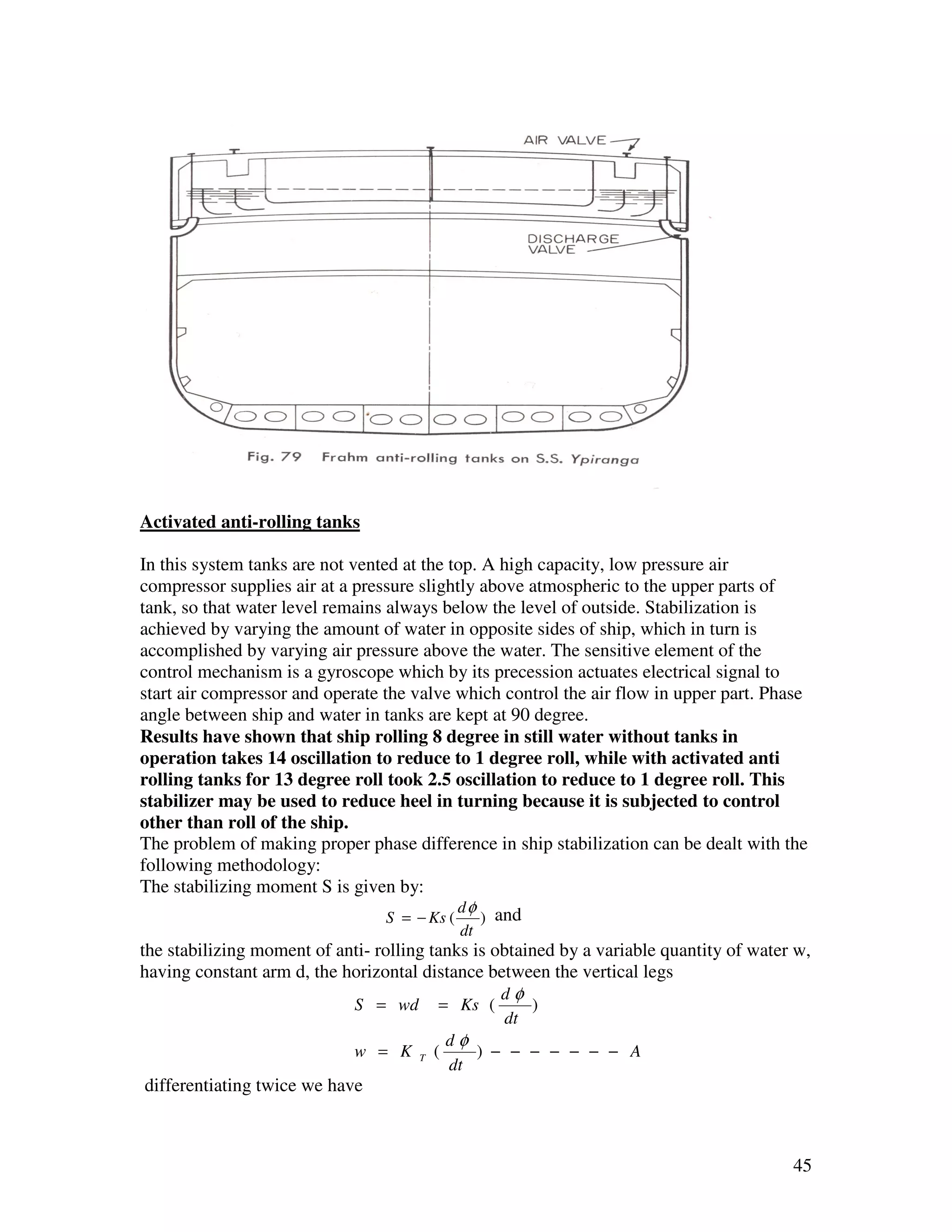 Activated anti-rolling tanks

In this system tanks are not vented at the top. A high capacity, low pressure air
compressor supplies air at a pressure slightly above atmospheric to the upper parts of
tank, so that water level remains always below the level of outside. Stabilization is
achieved by varying the amount of water in opposite sides of ship, which in turn is
accomplished by varying air pressure above the water. The sensitive element of the
control mechanism is a gyroscope which by its precession actuates electrical signal to
start air compressor and operate the valve which control the air flow in upper part. Phase
angle between ship and water in tanks are kept at 90 degree.
Results have shown that ship rolling 8 degree in still water without tanks in
operation takes 14 oscillation to reduce to 1 degree roll, while with activated anti
rolling tanks for 13 degree roll took 2.5 oscillation to reduce to 1 degree roll. This
stabilizer may be used to reduce heel in turning because it is subjected to control
other than roll of the ship.
The problem of making proper phase difference in ship stabilization can be dealt with the
following methodology:
The stabilizing moment S is given by:
                                               d φ and
                                 S = − Ks (       )
                                               dt
the stabilizing moment of anti- rolling tanks is obtained by a variable quantity of water w,
having constant arm d, the horizontal distance between the vertical legs
                                                  dφ
                             S = wd       = Ks (         )
                                                    dt
                                              dφ
                             w = K    T   (      ) − − − − − − − A
                                              dt
differentiating twice we have



                                                                                         45
 