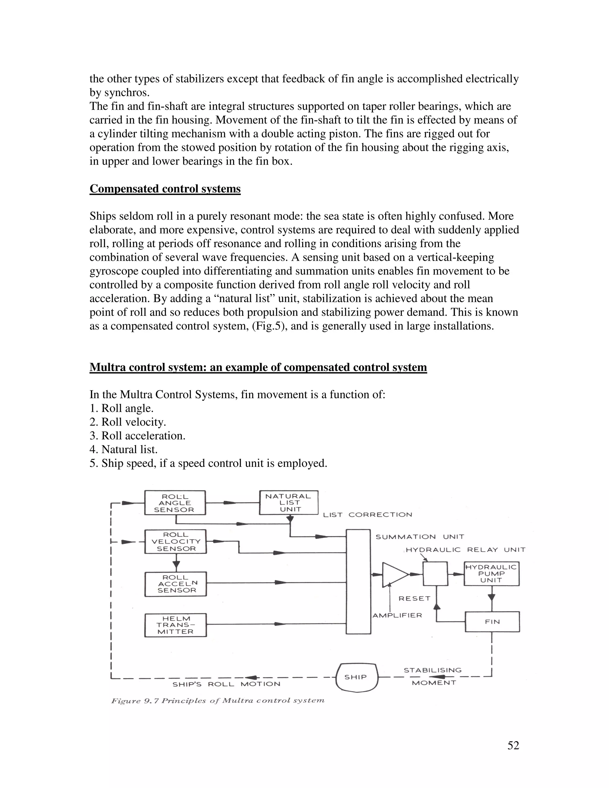 the other types of stabilizers except that feedback of fin angle is accomplished electrically
by synchros.
The fin and fin-shaft are integral structures supported on taper roller bearings, which are
carried in the fin housing. Movement of the fin-shaft to tilt the fin is effected by means of
a cylinder tilting mechanism with a double acting piston. The fins are rigged out for
operation from the stowed position by rotation of the fin housing about the rigging axis,
in upper and lower bearings in the fin box.

Compensated control systems

Ships seldom roll in a purely resonant mode: the sea state is often highly confused. More
elaborate, and more expensive, control systems are required to deal with suddenly applied
roll, rolling at periods off resonance and rolling in conditions arising from the
combination of several wave frequencies. A sensing unit based on a vertical-keeping
gyroscope coupled into differentiating and summation units enables fin movement to be
controlled by a composite function derived from roll angle roll velocity and roll
acceleration. By adding a “natural list” unit, stabilization is achieved about the mean
point of roll and so reduces both propulsion and stabilizing power demand. This is known
as a compensated control system, (Fig.5), and is generally used in large installations.


Multra control system: an example of compensated control system

In the Multra Control Systems, fin movement is a function of:
1. Roll angle.
2. Roll velocity.
3. Roll acceleration.
4. Natural list.
5. Ship speed, if a speed control unit is employed.




                                                                                          52
 