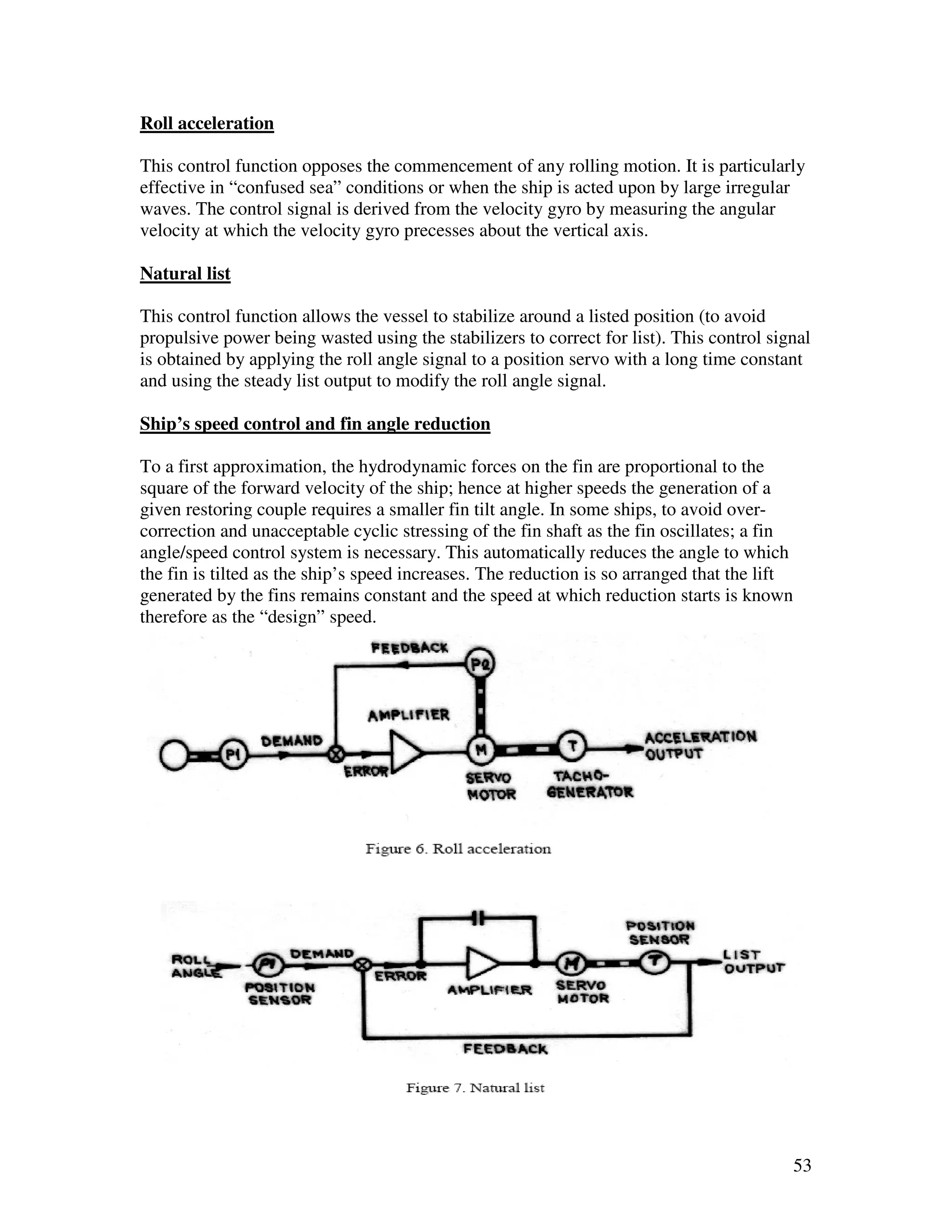 Roll acceleration

This control function opposes the commencement of any rolling motion. It is particularly
effective in “confused sea” conditions or when the ship is acted upon by large irregular
waves. The control signal is derived from the velocity gyro by measuring the angular
velocity at which the velocity gyro precesses about the vertical axis.

Natural list

This control function allows the vessel to stabilize around a listed position (to avoid
propulsive power being wasted using the stabilizers to correct for list). This control signal
is obtained by applying the roll angle signal to a position servo with a long time constant
and using the steady list output to modify the roll angle signal.

Ship’s speed control and fin angle reduction

To a first approximation, the hydrodynamic forces on the fin are proportional to the
square of the forward velocity of the ship; hence at higher speeds the generation of a
given restoring couple requires a smaller fin tilt angle. In some ships, to avoid over-
correction and unacceptable cyclic stressing of the fin shaft as the fin oscillates; a fin
angle/speed control system is necessary. This automatically reduces the angle to which
the fin is tilted as the ship’s speed increases. The reduction is so arranged that the lift
generated by the fins remains constant and the speed at which reduction starts is known
therefore as the “design” speed.




                                                                                              53
 