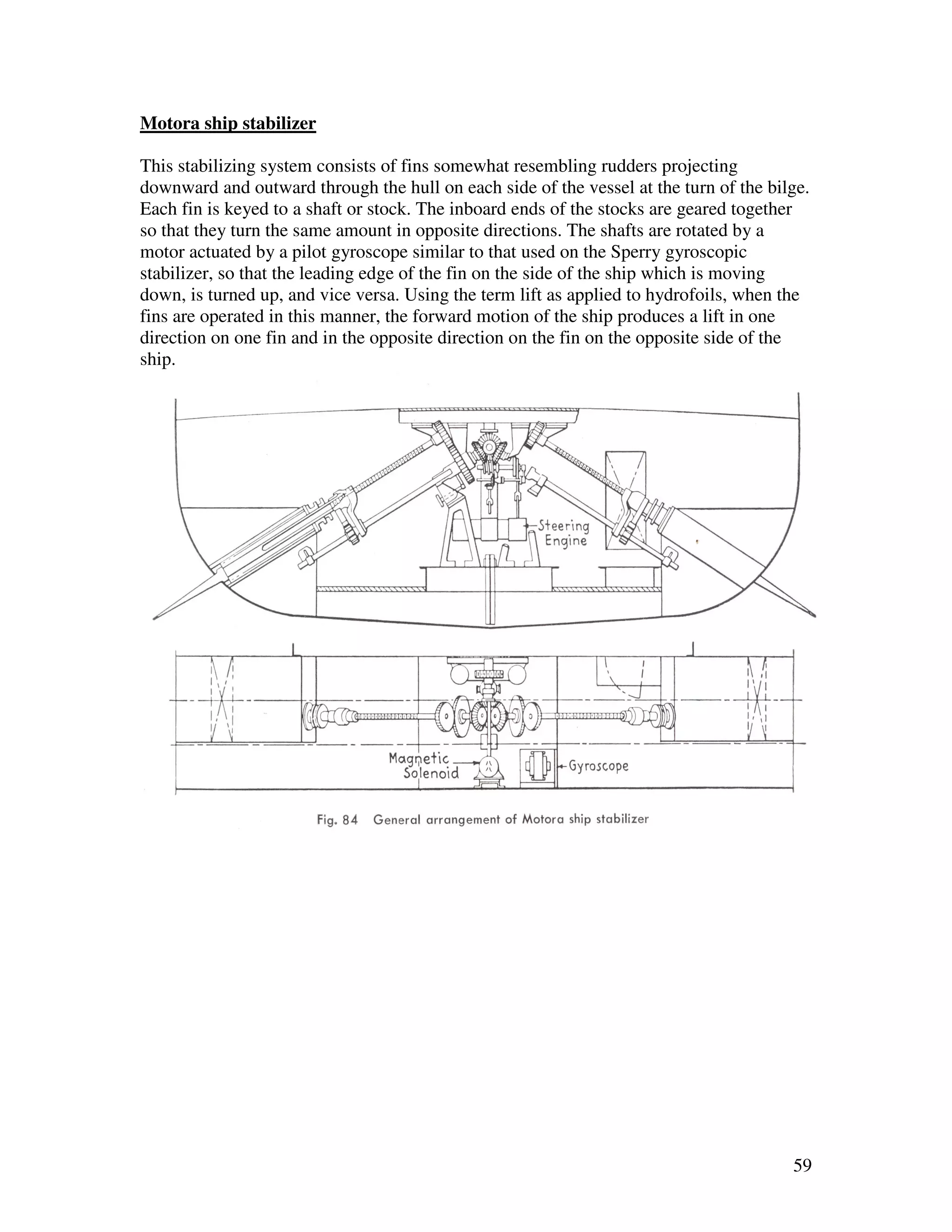 Motora ship stabilizer

This stabilizing system consists of fins somewhat resembling rudders projecting
downward and outward through the hull on each side of the vessel at the turn of the bilge.
Each fin is keyed to a shaft or stock. The inboard ends of the stocks are geared together
so that they turn the same amount in opposite directions. The shafts are rotated by a
motor actuated by a pilot gyroscope similar to that used on the Sperry gyroscopic
stabilizer, so that the leading edge of the fin on the side of the ship which is moving
down, is turned up, and vice versa. Using the term lift as applied to hydrofoils, when the
fins are operated in this manner, the forward motion of the ship produces a lift in one
direction on one fin and in the opposite direction on the fin on the opposite side of the
ship.




                                                                                       59
 