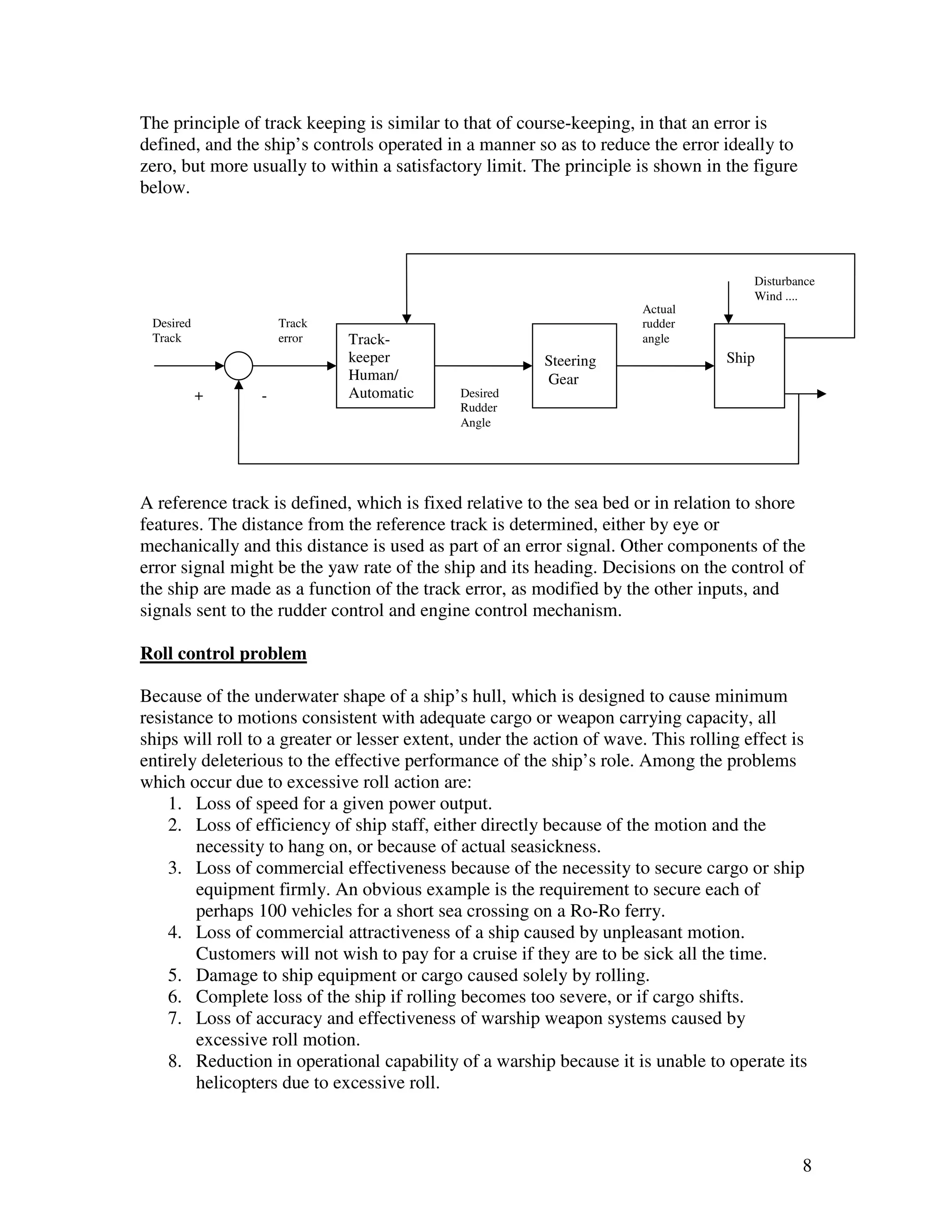 The principle of track keeping is similar to that of course-keeping, in that an error is
defined, and the ship’s controls operated in a manner so as to reduce the error ideally to
zero, but more usually to within a satisfactory limit. The principle is shown in the figure
below.



                                                                                       Disturbance
                                                                                       Wind ....
                                                                       Actual
 Desired             Track                                             rudder
 Track               error   Track-                                    angle
                             keeper                      Steering                  Ship
                             Human/                      Gear
           +     -           Automatic       Desired
                                             Rudder
                                             Angle




A reference track is defined, which is fixed relative to the sea bed or in relation to shore
features. The distance from the reference track is determined, either by eye or
mechanically and this distance is used as part of an error signal. Other components of the
error signal might be the yaw rate of the ship and its heading. Decisions on the control of
the ship are made as a function of the track error, as modified by the other inputs, and
signals sent to the rudder control and engine control mechanism.

Roll control problem

Because of the underwater shape of a ship’s hull, which is designed to cause minimum
resistance to motions consistent with adequate cargo or weapon carrying capacity, all
ships will roll to a greater or lesser extent, under the action of wave. This rolling effect is
entirely deleterious to the effective performance of the ship’s role. Among the problems
which occur due to excessive roll action are:
    1. Loss of speed for a given power output.
    2. Loss of efficiency of ship staff, either directly because of the motion and the
        necessity to hang on, or because of actual seasickness.
    3. Loss of commercial effectiveness because of the necessity to secure cargo or ship
        equipment firmly. An obvious example is the requirement to secure each of
        perhaps 100 vehicles for a short sea crossing on a Ro-Ro ferry.
    4. Loss of commercial attractiveness of a ship caused by unpleasant motion.
        Customers will not wish to pay for a cruise if they are to be sick all the time.
    5. Damage to ship equipment or cargo caused solely by rolling.
    6. Complete loss of the ship if rolling becomes too severe, or if cargo shifts.
    7. Loss of accuracy and effectiveness of warship weapon systems caused by
        excessive roll motion.
    8. Reduction in operational capability of a warship because it is unable to operate its
        helicopters due to excessive roll.



                                                                                               8
 