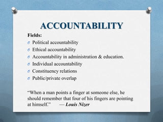 ACCOUNTABILITY
Fields:
O Political accountability
O Ethical accountability
O Accountability in administration & education.
O Individual accountability
O Constituency relations
O Public/private overlap
“When a man points a finger at someone else, he
should remember that four of his fingers are pointing
at himself.” — Louis Nizer
 