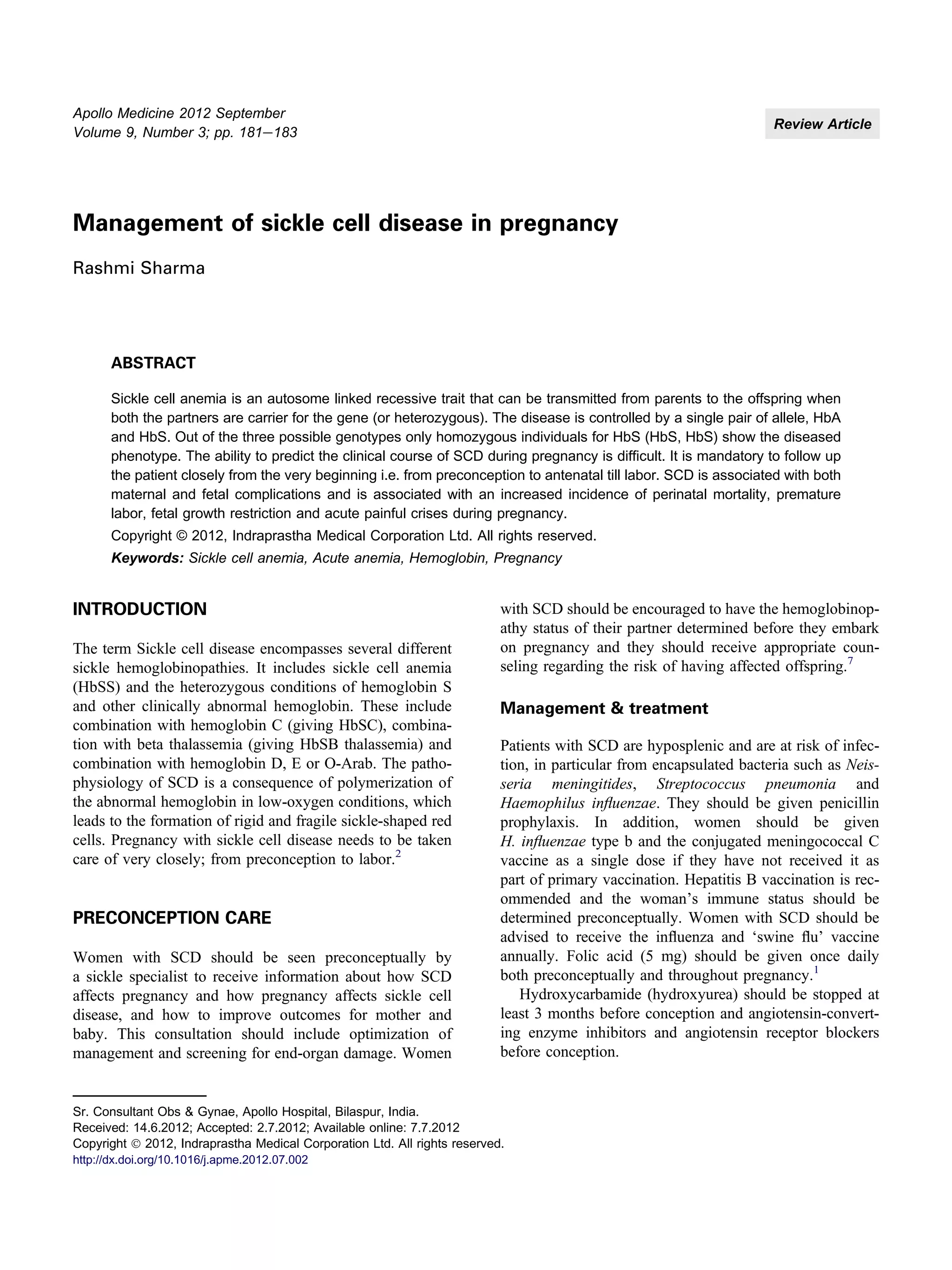 Management of Sickle Cell Disease in Pregnancy | PDF