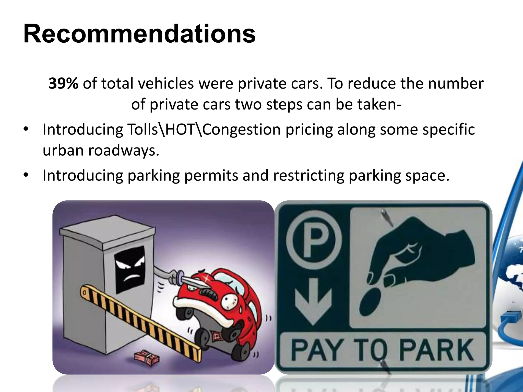 Recommendations
39% of total vehicles were private cars. To reduce the number
of private cars two steps can be taken• Introducing TollsHOTCongestion pricing along some specific
urban roadways.
• Introducing parking permits and restricting parking space.

 