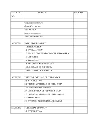 CHAPTER
NO.
SUBJECT PAGE NO
COLLEGE CERTIFICATE
GUIDE CERTIFICATE
DECLARATION
ACKNOWLEDGEMENT
EXECUTIVE SUMMARY
SECTION 1 EXECUTIVE SUMMARY
1 . INTRODUCTION
1.1 OVERALL VIEW
1.2 FDI INFLOWS IN INDIA IN POST REFORM ERA
1.3 OBJECTIVE
1.4 HYPOTHESIS
1.5 RESEARCH METHODOLOGY
1.6IMPORTANT OF THE STUDY
1.7LIMITATION OF THE STYDY
SECTION 2 TRENDS & PATTERNS OF FDI INFLOWS
2.1 INTRODUCTION
2.2 TRENDS & PATTERNS OF FDI IN INDIA
2.3SOURCES OF FDI IN INDIA
2.4 DISTRIBUTION OF FDI WITHIN INDIA
2.5 TRENDS & PATTERNS OF FDI RFLOW AT
SECTORAL LEVEL
2.6 INTERNAL INVESTMENT AGREEMENT
SECTION 3 FDI &INDIAN ECONOMY
3.1 INTRODUCTION
 