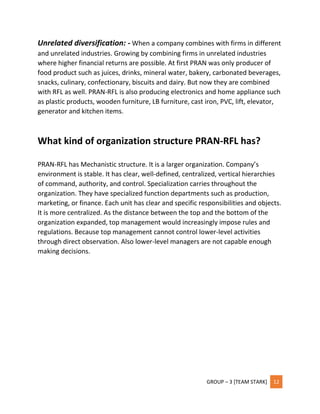 GROUP – 3 [TEAM STARK] 12
Unrelated diversification: - When a company combines with firms in different
and unrelated industries. Growing by combining firms in unrelated industries
where higher financial returns are possible. At first PRAN was only producer of
food product such as juices, drinks, mineral water, bakery, carbonated beverages,
snacks, culinary, confectionary, biscuits and dairy. But now they are combined
with RFL as well. PRAN-RFL is also producing electronics and home appliance such
as plastic products, wooden furniture, LB furniture, cast iron, PVC, lift, elevator,
generator and kitchen items.
What kind of organization structure PRAN-RFL has?
PRAN-RFL has Mechanistic structure. It is a larger organization. Company’s
environment is stable. It has clear, well-defined, centralized, vertical hierarchies
of command, authority, and control. Specialization carries throughout the
organization. They have specialized function departments such as production,
marketing, or finance. Each unit has clear and specific responsibilities and objects.
It is more centralized. As the distance between the top and the bottom of the
organization expanded, top management would increasingly impose rules and
regulations. Because top management cannot control lower-level activities
through direct observation. Also lower-level managers are not capable enough
making decisions.
 