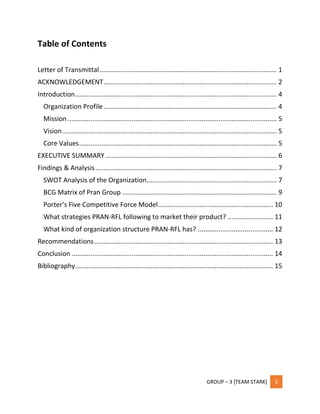 GROUP – 3 [TEAM STARK] 3
Table of Contents
Letter of Transmittal.............................................................................................. 1
ACKNOWLEDGEMENT............................................................................................ 2
Introduction........................................................................................................... 4
Organization Profile............................................................................................ 4
Mission ............................................................................................................... 5
Vision.................................................................................................................. 5
Core Values......................................................................................................... 5
EXECUTIVE SUMMARY........................................................................................... 6
Findings & Analysis ................................................................................................ 7
SWOT Analysis of the Organization..................................................................... 7
BCG Matrix of Pran Group .................................................................................. 9
Porter’s Five Competitive Force Model............................................................. 10
What strategies PRAN-RFL following to market their product? ........................ 11
What kind of organization structure PRAN-RFL has? ........................................ 12
Recommendations............................................................................................... 13
Conclusion ........................................................................................................... 14
Bibliography......................................................................................................... 15
 