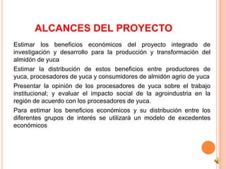 ALCANCES DEL PROYECTO
Estimar los beneficios económicos del proyecto integrado de
investigación y desarrollo para la producción y transformación del
almidón de yuca
Estimar la distribución de estos beneficios entre productores de
yuca, procesadores de yuca y consumidores de almidón agrio de yuca
Presentar la opinión de los procesadores de yuca sobre el trabajo
institucional; y evaluar el impacto social de la agroindustria en la
región de acuerdo con los procesadores de yuca.
Para estimar los beneficios económicos y su distribución entre los
diferentes grupos de interés se utilizará un modelo de excedentes
económicos
 