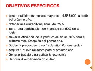 OBJETIVOS ESPECIFICOS

 generar utilidades anuales mayores a 4.565.000 a partir
  del próximo año.
 obtener una rentabilidad anual del 25%.

 lograr una participación de mercado del 50% en la
  región.
 elevar la eficiencia de la producción en un 20% para el
  próximo mes. Después del primer año.
 Doblar la producción para fin de año (Por demanda)

 adquirir 1 nueva ralladora para el próximo año

 Generar trabajo para activar la economía.

 Generar diversificación de cultivo
 