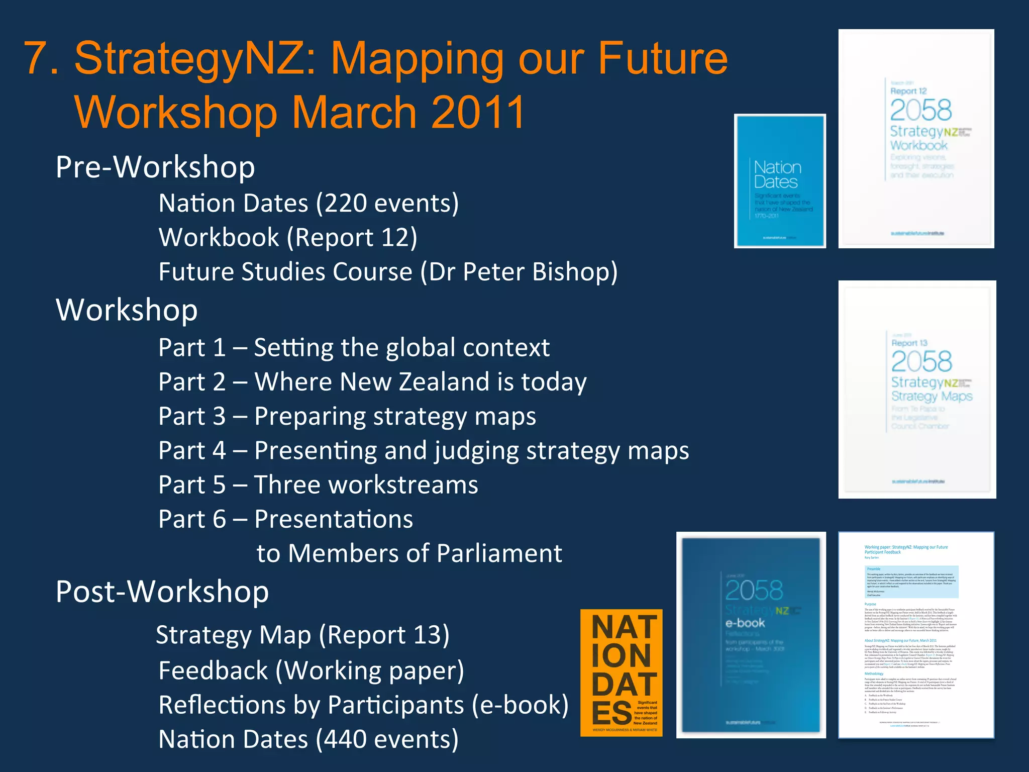 7. StrategyNZ: Mapping our Future
   Workshop March 2011 
  Pre‐Workshop 
              Na?on Dates (220 events) 
              Workbook (Report 12) 
              Future Studies Course (Dr Peter Bishop) 
  Workshop 
           Part 1 – Seong the global context 
           Part 2 – Where New Zealand is today 
           Part 3 – Preparing strategy maps 
           Part 4 – Presen?ng and judging strategy maps 
           Part 5 – Three workstreams 
           Part 6 – Presenta?ons  
                    to Members of Parliament               I'()#*+%,-,.(>%45(-5.+2<=>%?-,,#*+%'@(%A@5@(.%(
                                                           N-(;9#,-*5%A..71-9)(
                                                           3'(2%4-(5.*


                                                             !"#$%&'#




  Post‐Workshop 
                                                             !"#$%&'()#*+%,-,.(/%&(#0.*%12%3'(2%4-(5.*/%,('6#7.$%-*%'6.(6#.&%'8%5".%8..71-9)%&.%"-6.%(.9.#6.7%
                                                             8(':%,-(;9#,-*5$%#*%45(-5.+2<=>%?-,,#*+%'@(%A@5@(./%"%,-(;9@B-(%.:,"-$#$%'*%#7.*;82#*+%&-2$%'8%
                                                             #:,('6#*+%8@5@(.%.6.*5$C%D%"-6.%-77.7%-%8@(5".(%$.9;'*%-5%5".%.*7/%EF.$$'*$%8(':%45(-5.+2<=>%?-,,#*+%
                                                             '@(%A@5@(.G/%#*%&"#9"%D%(.H.95%'*%-*7%(.$,'*7%5'%5".%'1$.(6-;'*$%#*9B@7.7%#*%5"#$%,-,.(C%!"-*)%2'@%
                                                             -+-#*%8'(%2'@(%9'*$5(@9;6.%8..71-9)C

                                                             I.*72%?9J@#**.$$
                                                             K"#.8%LM.9@;6.


                                                           N@(,'$.
                                                           !"#$%&'$()$*"&+$,(-.&/0$1%1#-$&+$*($+2/*"#+&+#$1%-*&3&1%/*$)##45%3.$-#3#&6#4$52$*"#$78+*%&/%59#$:8*8-#$




               Strategy Map (Report 13) 
                                                           ;/+*&*8*#$(/$*"#$7*-%*#02<=>$?%11&/0$(8-$:8*8-#$#6#/*@$"#94$&/$?%-3"$ABCCD$!"&+$)##45%3.$&+$9%-0#92$
                                                           4#-&6#4$)-('$%/$(/9&/#$)##45%3.$+8-6#2$3(/483*#4$52$*"#$;/+*&*8*#@$%/4$"%+$5##/$3('1&9#4$*(0#*"#-$,&*"$
                                                           )##45%3.$-#3#&6#4$%)*#-$*"#$#6#/*D$;/$*"#$;/+*&*8*#E+$F#1(-*$CC>$!"#$%&'()"'*"+,&,(-.&/$01$02"30$&$4&$5-%"
                                                           $0"6-7"8-4940:";<=>?@A;AB"C-4(0$02"*('D"&/-"E4%&"&'"F,$9:"4"F-&&-("*,&,(-$,#$"&0"9&0"*$CA$.#2$9#++(/+$
                                                           9#%-/*$)-('$-#6&#,&/0$<#,$=#%9%/4$)8*8-#$*"&/.&/0$&/&*&%*&6#+D$G#++(/$#&0"*$,%+$*($HF#1(-*$%/4$'#%+8-#$
                                                           1-(0-#++$I$5#)(-#@$48-&/0$%/4$%)*#-$*"#$&/&*&%*&6#ED$J&*"$*"&+$&/$'&/4@$,#$"(1#$*"&+$,(-.&/0$1%1#-$,&99$
                                                           '%.#$8+$5#**#-$%59#$*($4#9&6#-$%/4$#/3(8-%0#$(*"#-+$*($-8/$+833#++)89$)8*8-#$*"&/.&/0$&/&*&%*&6#+D



                                                           O1'@5%45(-5.+2<=>%?-,,#*+%'@(%A@5@(./%?-(9"%PQRR
                                                           7*-%*#02<=>$?%11&/0$(8-$:8*8-#$,%+$"#94$&/$*"#$9%+*$)(8-$4%2+$()$?%-3"$ABCCD$!"#$;/+*&*8*#$1859&+"#4$
                                                           %$1-#K,(-.+"(1$,(-.5((.$%/4$(-0%/&+#4$%$*,(K4%2$&/*-(483*(-2$)8*8-#$+*84&#+$3(8-+#@$*%80"*$52$
                                                           L-$M#*#-$N&+"(1$)-('$*"#$O/&6#-+&*2$()$P(8+*(/D$!"&+$3(8-+#$,%+$)(99(,#4$52$%$*,(K4%2$,(-.+"(1$




              Feedback (Working paper) 
                                                           *"%*$389'&/%*#4$&/$1-#+#/*%*&(/+$%*$*"#$G#0&+9%*&6#$Q(8/3&9$Q"%'5#-D$F#1(-*$CR>$G&(4&-2)68B"H4EE$02"
                                                           ',("+,&,(-"G&(4&-2)"H4E%B"+('D"I-"J4E4"&'"&/-"C-2$%94&$5-"K',0L$9"K/4DF-($4(38'#/*+$*"#$#6#/*$)(-$
                                                           1%-*&3&1%/*+$%/4$(*"#-$&/*#-#+*#4$1%-*&#+D$!($9#%-/$'(-#$%5(8*$*"#$&/18*+@$1-(3#++#+$%/4$(8*18*+@$,#$
                                                           -#3(''#/4$2(8$-#%4$F#1(-*$CR$%/4$(8-$#K5((.$G&(4&-2)68B"H4EE$02"',("+,&,(-"M-*9-L&$'0%B"+('D"
                                                           E4(&$L$E40&%"'*"&/-"7'(1%/'E@$5(*"$%6%&9%59#$(/$*"#$;/+*&*8*#E+$,#5+&*#D$

                                                           ?.5"'7'B'+2
                                                           M%-*&3&1%/*+$,#-#$%+.#4$*($3('19#*#$%/$(/9&/#$+8-6#2$)(-'$3(/*%&/&/0$AS$T8#+*&(/+$*"%*$3(6#-#4$%$5-(%4$
                                                           -%/0#$()$.#2$#9#'#/*+$&/$7*-%*#02<=>$?%11&/0$(8-$:8*8-#D$U$*(*%9$()$RV$1%-*&3&1%/*+$W(6#-$%$*"&-4$()$
                                                           *"(+#$*"%*$%**#/4#4X$-#+1(/4#4$*($*"#$+8-6#2Y$*"#$-#+1(/+#+$4($/(*$&/3984#$78+*%&/%59#$:8*8-#$;/+*&*8*#$




              Reﬂec?ons by Par?cipants (e‐book) 
                                                           +*%))$'#'5#-+$,"($%**#/4#4$*"#$#6#/*$%+$1%-*&3&1%/*+D$:##45%3.$-#3#&6#4$)-('$*"#$+8-6#2$"%+$5##/$
                                                           +8''%-&+#4$%/4$4&6&4#4$&/*($*"#$)(99(,&/0$)&6#$+#3*&(/+>
                                                           UD$ :##45%3.$(/$*"#$J(-.5((.
                                                           ND$ :##45%3.$(/$*"#$:8*8-#$7*84&#+$Q(8-+#
                                                           QD$ :##45%3.$(/$*"#$7&Z$M%-*+$()$*"#$J(-.+"(1
                                                           LD$ :##45%3.$(/$*"#$;/+*&*8*#E+$M#-)(-'%/3#
                                                           [D$ :##45%3.$(/$:(99(,K81$U3*&6&*2




              Na?on Dates (440 events) 
                                                                            WORKING PAPER: STRATEGYNZ: MAPPING OUR FUTURE PARTICIPANT FEEDBACK | 1
                                                                                                                WORKING PAPER 2011/16
 