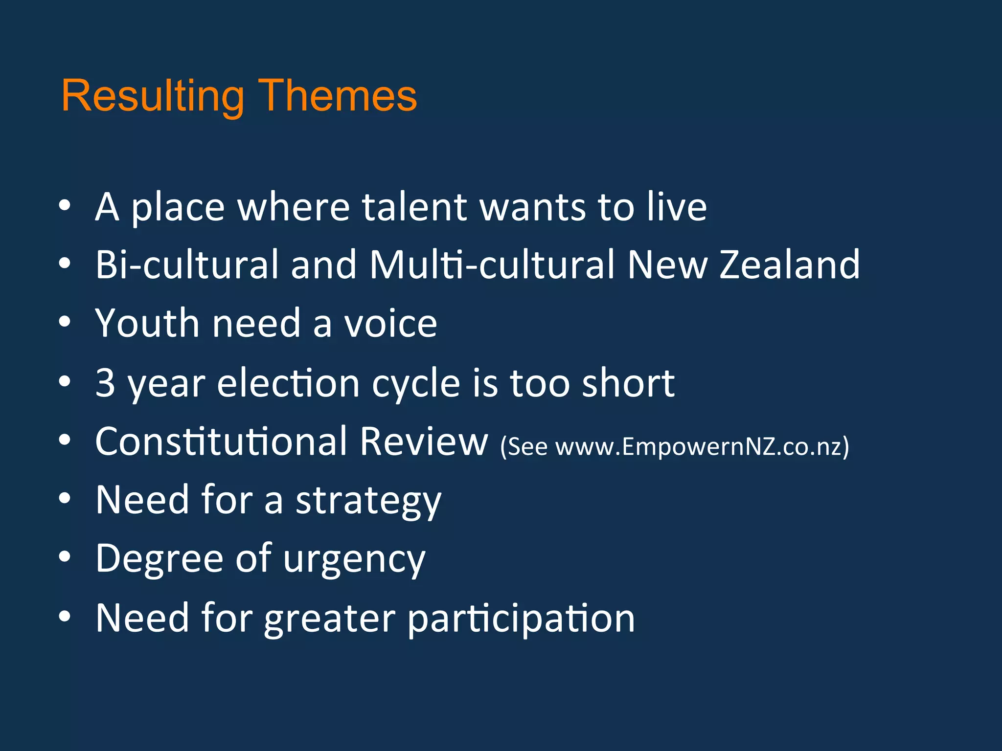 Resulting Themes

•    A place where talent wants to live 
•    Bi‐cultural and Mul?‐cultural New Zealand 
•    Youth need a voice 
•    3 year elec?on cycle is too short 
•    Cons?tu?onal Review (See www.EmpowernNZ.co.nz) 
•    Need for a strategy 
•    Degree of urgency 
•    Need for greater par?cipa?on 
 