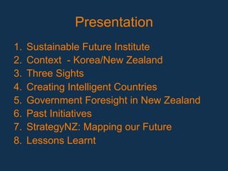 Presentation
1.  Sustainable Future Institute
2.  Context - Korea/New Zealand
3.  Three Sights
4.  Creating Intelligent Countries
5.  Government Foresight in New Zealand
6.  Past Initiatives
7.  StrategyNZ: Mapping our Future
8.  Lessons Learnt
 