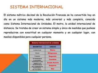 SISTEMA INTERNACIONAL
El sistema métrico decimal de la Revolución Francesa se ha convertido hoy en
día en un sistema más moderno, más universal y más completo, conocido
como Sistema Internacional de Unidades. El metro, la unidad internacional de
distancia. Se trataba de crear un sistema simple y único de medidas que pudiese
reproducirse con exactitud en cualquier momento y en cualquier lugar, con
medios disponibles para cualquier persona.
 