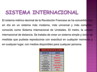 El sistema métrico decimal de la Revolución Francesa se ha convertido hoy
en día en un sistema más moderno, más universal y más completo,
conocido como Sistema Internacional de Unidades. El metro, la unidad
internacional de distancia. Se trataba de crear un sistema simple y único de
medidas que pudiese reproducirse con exactitud en cualquier momento y
en cualquier lugar, con medios disponibles para cualquier persona.
 