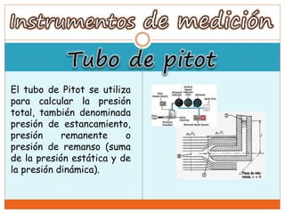 El tubo de Pitot se utiliza
para calcular la presión
total, también denominada
presión de estancamiento,
presión remanente o
presión de remanso (suma
de la presión estática y de
la presión dinámica).
 
