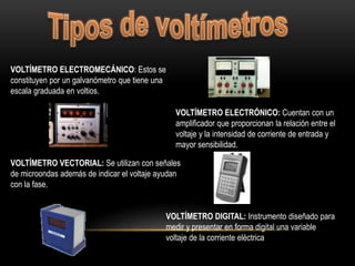 VOLTÍMETRO ELECTROMECÁNICO: Estos se
constituyen por un galvanómetro que tiene una
escala graduada en voltios.
VOLTÍMETRO ELECTRÓNICO: Cuentan con un
amplificador que proporcionan la relación entre el
voltaje y la intensidad de corriente de entrada y
mayor sensibilidad.
VOLTÍMETRO VECTORIAL: Se utilizan con señales
de microondas además de indicar el voltaje ayudan
con la fase.
VOLTÍMETRO DIGITAL: Instrumento diseñado para
medir y presentar en forma digital una variable
voltaje de la corriente eléctrica
 