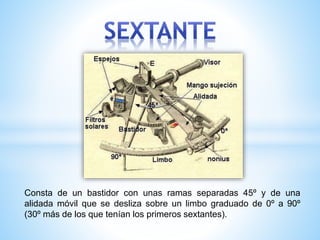 Consta de un bastidor con unas ramas separadas 45º y de una
alidada móvil que se desliza sobre un limbo graduado de 0º a 90º
(30º más de los que tenían los primeros sextantes).
 