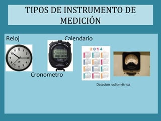 TIPOS DE INSTRUMENTO DE
MEDICIÓN
Reloj Calendario
Cronometro
Datacion radiométrica
 