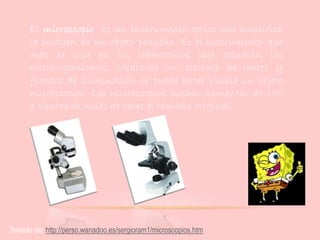 El microscopio es un instrumento óptico que amplifica
la imagen de un objeto pequeño. Es el instrumento que
más se usa en los laboratorios que estudian los
microorganismos. Mediante un sistema de lentes y
fuentes de iluminación se puede hacer visible un objeto
microscópico. Los microscopios pueden aumentar de 100
a cientos de miles de veces el tamaño original.
Tomado de: http://perso.wanadoo.es/sergioram1/microscopios.htm
 