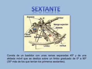 Consta de un bastidor con unas ramas separadas 45º y de una
alidada móvil que se desliza sobre un limbo graduado de 0º a 90º
(30º más de los que tenían los primeros sextantes).
 