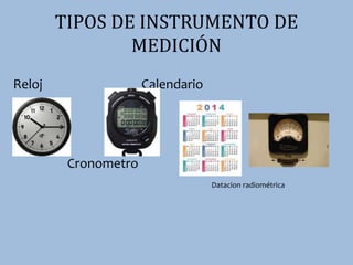 TIPOS DE INSTRUMENTO DE
MEDICIÓN
Reloj Calendario
Cronometro
Datacion radiométrica
 
