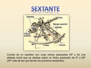 Consta de un bastidor con unas ramas separadas 45º y de una
alidada móvil que se desliza sobre un limbo graduado de 0º a 90º
(30º más de los que tenían los primeros sextantes).
 