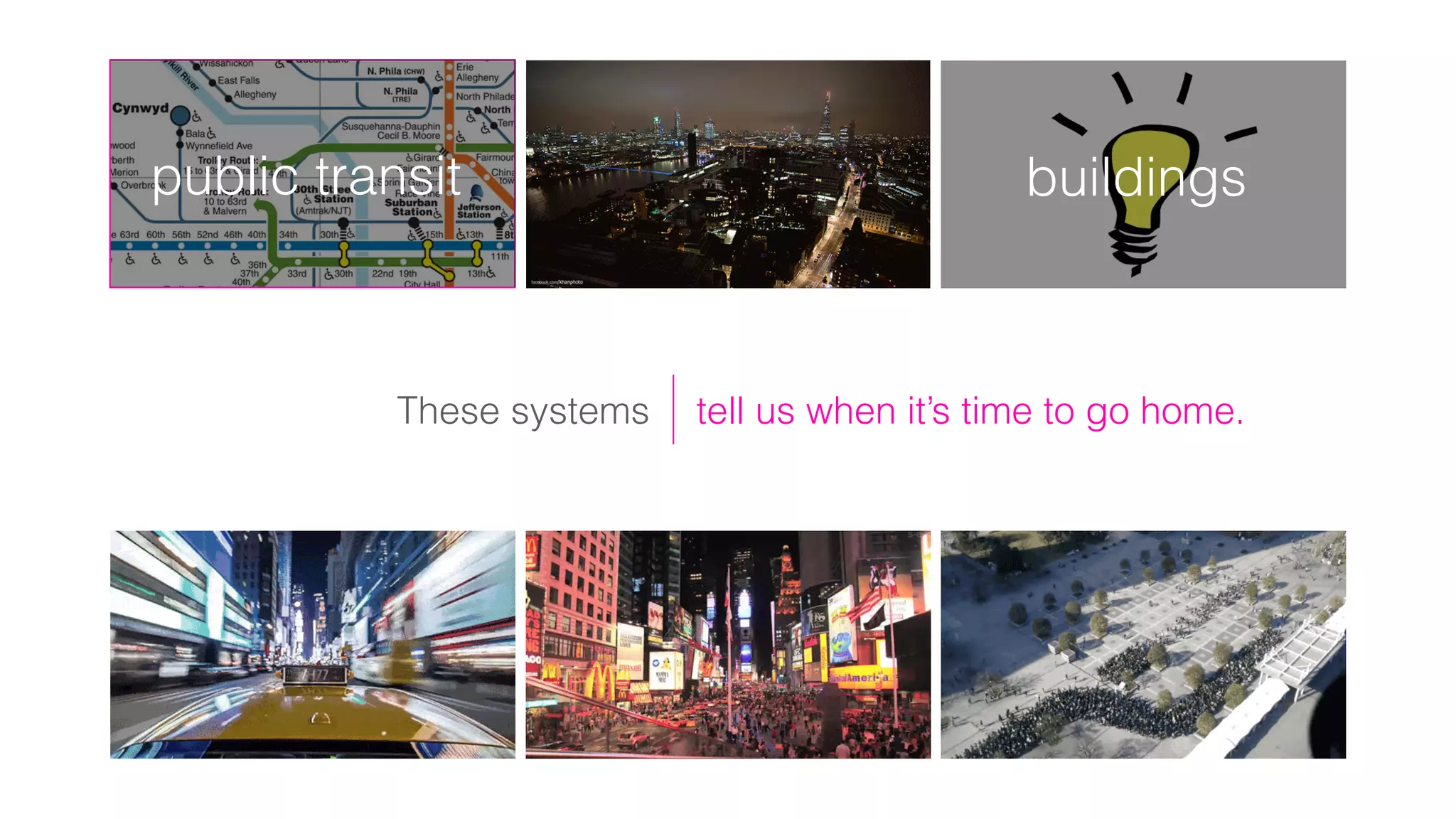 tell us when it’s time to go home.
buildings
These systems
public transit
 