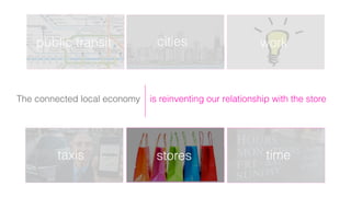 The connected local economy is reinventing our relationship with the store
workcitiespublic transit
taxis timestores
 