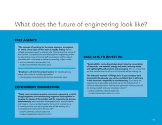 “The concept of working for the same employer throughout
an entire career span of 40+ years is rapidly fading. Recent
college graduates expect to change jobs 10 times over the course of
their careers. Companies are reconstituting their engineering teams
by assembling mixes of internal staff, consultants, and free agent
specialists who collaborate to deliver outstanding project results.”
—JOSEPH LAMPINEN, SENIOR DIRECTOR,
GLOBAL ENGINEERING PRACTICE, KELLY
“Employers will look for project leaders for interdisciplinary
teams that combine multiple specialties.”
—STEPHEN BECK, ENGINEERING RECRUITING MANAGER, KELLY
What does the future of engineering look like?
FREE AGENCY:
“Today, many companies practice concurrent engineering, in which
design engineers and manufacturing engineers work together to
develop the design of the product and the manufacturing process
simultaneously, which shortens development time, time-to-market,
and helps to improve product quality. Concurrent engineering is
a modern practice that any engineer who will be working for a
manufacturer should become familiar with.”
—JOSEPH LAMPINEN, SENIOR DIRECTOR,
GLOBAL ENGINEERING PRACTICE, KELLY
CONCURRENT ENGINEERING:
SKILL SETS TO INVEST IN:
“Sustainability: having knowledge about reducing consumption
of resources, raw material, energy and water, reducing waste,
and lightweighting of products and packaging. This is a critical skill
set that manufacturers in all sorts of industries will be looking for.
The industrial Internet of Things (IoT): if your company isn’t
involved in this already, you can be confident that it will move
in this direction—especially in manufacturing. If you have the
opportunity to gain skills and brush up on the industrial IoT in
robotics and automation that fits your particular industry, you will
be doing yourself and your employer a favor.”
—JOSEPH LAMPINEN, SENIOR DIRECTOR,
GLOBAL ENGINEERING PRACTICE, KELLY
12
 