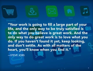 “Your work is going to fill a large part of your
life, and the only way to be truly satisfied is
to do what you believe is great work. And the
only way to do great work is to love what you
do. If you haven’t found it yet, keep looking,
and don’t settle. As with all matters of the
heart, you’ll know when you find it.”
—STEVE JOBS
7
 