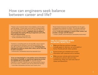 “There’s a new movement afoot in the workplace, and it’s called
work-life design. In recent years, we’ve seen an increased desire
for workplace flexibility, especially among millennials. We’ve also
seen a simultaneous increase in employers that are willing to
accommodate this need by offering arrangements such as flex
work and telecommuting.”
—JOSEPH LAMPINEN, SENIOR DIRECTOR,
GLOBAL ENGINEERING PRACTICE, KELLY
“If you are interviewing for a new position and are interested in
the employer’s flexibility, an experienced engineering recruiter
can negotiate this on your behalf. An important thing for
engineers to consider is whether your job responsibilities require
you to be on-site, or whether some can be performed remotely.”
—JOHN PERRY, ENGINEERING NATIONAL SALES LIAISON, KELLY
“Project-based temporary work gives flexibility into the types
of engagements engineers can select. This provides additional
flexibility for personal time, and allows individuals to drive the
process. It also puts employees in control of their careers, and
provides a stronger work-life balance.”
—THOMAS LANDERS, SENIOR MANAGER, ENGINEERING RECRUITMENT
“Contract or consulting work can not only offer a way to expand
one’s experience by working on new and varied projects, but
also offer excellent work-life balance options. Contracting gives
individuals the ability to choose when, where, and for how long
to work in one place.”
—STEPHEN BECK, ENGINEERING RECRUITING MANAGER, KELLY
How can engineers seek balance
between career and life?
TIPS TO CONSIDER WHEN
WORKING REMOTELY:
Make sure that you and your manager
mutually agree on what you can accomplish at
home. Provide periodic status updates.
Communicate your schedule and contact
information with customers and co-workers.
Make sure your remote work environment
is conducive to phone calls and video
conferencing. Keep your work area clear of
clutter and distractions.
8
 