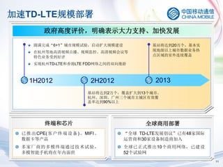 加速TD-LTE规模部署
          政府高度评价，明确表示大力支持、加快发展

      圆满完成“6+1”城市规模试验，启动扩大规模建设                基站将达到20万个，基本实
      在杭州等地高清视频点播、视频监控、高清视频会议等                现地级以上城市数据业务热
      特色业务受到好评                                点区域的室外连续覆盖

      实现杭州TD-LTE和香港LTE FDD网络之间的双向漫游



    1H2012                    2H2012           2013
                             基站将达到2万个，覆盖扩大到13个城市。
                             杭州、深圳、广州三个城市主城区有效覆
                             盖率达到90%以上




          终端和芯片                              全球商用部署
 已 推 出 CPE( 客 户 终 端 设 备 ) 、 MIFI 、     “全球 TD-LTE发展倡议”已有48家国际
 数据卡等产品                                运营商和30家设备制造商加入
 多家厂商的多模终端通过技术试验，                      全球已正式推出10个商用网络，已建设
 多模智能手机将在年内面世                          52个试验网
                                                                11
 