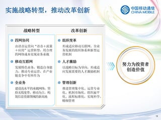 实施战略转型，推动改革创新


   战略转型           改革创新

 四网协同           组织变革
 由语音运营向“语音＋流量   形成适应移动互联网、全业
 ＋应用”运营转型，用合理   务发展的组织体系和新型运
 的网络成本实现业务承载    营机制

 移动互联网          人才激励
                                努力为投资者
 发展特色业务，锻造自身能   以战略目标为导向，形成适
 力，推动专业运营，在产业   应发展需要的人才激励机制     创造价值
 链竞争中有所作为

 全业务            管理创新
 建设高水平的承载网络，坚   推进管理集中化、运营专业
 持无线宽带、移动为主，构   化、机制市场化、组织扁平
 筑信息资源领域的新高地    化、流程标准化，实现科学、
                精细管理



                                         12
 