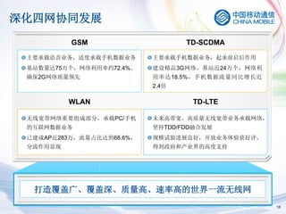 深化四网协同发展
          GSM                     TD-SCDMA

 主要承载语音业务，适度承载手机数据业务       主要承载手机数据业务，起承前启后作用
 基站数量达75万个，网络利用率约72.4%。    建设精品3G网络，基站近24万个，网络利
 确保2G网络质量领先                用率达18.5%，手机数据流量同比增长近
                           2.4倍

          WLAN                     TD-LTE

 无线宽带网络重要组成部分，承载PC/手机      未来高带宽、高质量无线宽带业务承载网络，
 的互联网数据业务                  坚持TDD/FDD融合发展
 已建成AP近283万，流量占比达到68.6%，   规模试验进展良好，开放业务体验获好评，
 分流作用显现                    得到政府和产业界的高度支持




  打造覆盖广、覆盖深、质量高、速率高的世界一流无线网
                                                  18
 