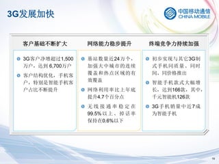 3G发展加快


 客户基础不断扩大         网络能力稳步提升            终端竞争力持续加强

  3G客户净增超过1,500   基站数量近24万个，          初步实现与其它3G制
  万户，达到 6,700万户   加强大中城市的连续           式手机同质量 、同时
  客户结构优化，手机客      覆盖和热点区域的有           间、同价格推出
  户，特别是智能手机客      效覆盖                 智能手机款式大幅增
  户占比不断提升         网络利用率比上年底           长，达到166款，其中，
                  提升4.7个百分点           千元智能机126款
                  无线接通率稳定在            3G 手 机 销 量 中 近 7 成
                  99.5% 以 上 、 掉 话 率   为智能手机
                  保持在0.6%以下




                                                           19
 