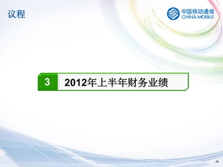 议程




     2
     3   2012年上半年财务业绩




                        26
 