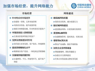 加强市场经营，提升网络能力
       市场经营                   网络建设
  针对性应对市场竞争            确保2G网络质量
  加强统一营销，完善本地营销         保持语音优势，减少流量压力
  巩固语音价值，提升流量价值        做好3G网络建设
  确保合理增量份额，针对性保有存量客户    建设精品网络，注重资源有效利用
  审慎高效投入营销资源           重视WLAN网络
  注重高价值和智能手机客户          加强精细管理，提高效益，实现分流
  发挥各类渠道协同作用           着眼TD-LTE未来
  协同进行业务发展、客户保有、终端销售    推动产业成熟，做好升级准备
  提高营销精细化水平            加快全业务网络储备
  精准细分客户需求，一体化制定营销策略    增强城域网、国际传输能力
  实施端到端质量控制             加强公共互联网建设
  打通网络、平台、终端等环节，提升客户    有重点有效益地支撑业务发展
  体验


                                           9
 