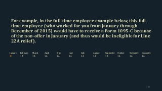 For example, in the full-time employee example below, this full-
time employee (who worked for you from January through
December of 2015) would have to receive a Form 1095-C because
of the non-offer in January (and thus would be ineligible for Line
22A relief).
144
January February March April May June July August September October November December
1H 1A 1A 1A 1A 1A 1A 1A 1A 1A 1A 1A
 