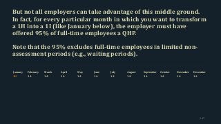 But not all employers can take advantage of this middle ground.
In fact, for every particular month in which you want to transform
a 1H into a 1I (like January below), the employer must have
offered 95% of full-time employees a QHP.
Note that the 95% excludes full-time employees in limited non-
assessment periods (e.g., waiting periods).
147
January February March April May June July August September October November December
1H 1A 1A 1A 1A 1A 1A 1A 1A 1A 1A 1A
 