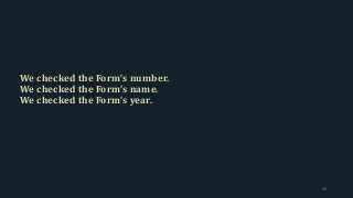 We checked the Form’s number.
We checked the Form’s name.
We checked the Form’s year.
40
 