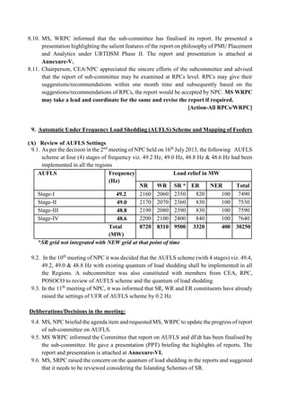 8.10. MS, WRPC informed that the sub-committee has finalised its report. He presented a
presentation highlighting the salient features of the report on philosophy of PMU Placement
and Analytics under URTDSM Phase II. The report and presentation is attached at
Annexure-V.
8.11. Chairperson, CEA/NPC appreciated the sincere efforts of the subcommittee and advised
that the report of sub-committee may be examined at RPCs level. RPCs may give their
suggestions/recommendations within one month time and subsequently based on the
suggestions/recommendations of RPCs, the report would be accepted by NPC. MS WRPC
may take a lead and coordinate for the same and revise the report if required.
[Action-All RPCs/WRPC]
9. Automatic Under Frequency Load Shedding (AUFLS) Scheme and Mapping of Feeders
(A) Review of AUFLS Settings
9.1. As per the decision in the 2nd
meeting of NPC held on 16th
July 2013, the following AUFLS
scheme at four (4) stages of frequency viz. 49.2 Hz, 49.0 Hz, 48.8 Hz & 48.6 Hz had been
implemented in all the regions
AUFLS Frequency
(Hz)
Load relief in MW
NR WR SR * ER NER Total
Stage-I 49.2 2160 2060 2350 820 100 7490
Stage-II 49.0 2170 2070 2360 830 100 7530
Stage-III 48.8 2190 2080 2390 830 100 7590
Stage-IV 48.6 2200 2100 2400 840 100 7640
Total
(MW)
8720 8310 9500 3320 400 30250
*SR grid not integrated with NEW grid at that point of time
9.2. In the 10th
meeting of NPC it was decided that the AUFLS scheme (with 4 stages) viz. 49.4,
49.2, 49.0 & 48.8 Hz with existing quantum of load shedding shall be implemented in all
the Regions. A subcommittee was also constituted with members from CEA, RPC,
POSOCO to review of AUFLS scheme and the quantum of load shedding.
9.3. In the 11th
meeting of NPC, it was informed that SR, WR and ER constituents have already
raised the settings of UFR of AUFLS scheme by 0.2 Hz.
Deliberations/Decisions in the meeting:
9.4. MS, NPC briefed the agenda item and requested MS, WRPC to update the progress of report
of sub-committee on AUFLS.
9.5. MS WRPC informed the Committee that report on AUFLS and df/dt has been finalised by
the sub-committee. He gave a presentation (PPT) briefing the highlights of reports. The
report and presentation is attached at Annexure-VI.
9.6. MS, SRPC raised the concern on the quantum of load shedding in the reports and suggested
that it needs to be reviewed considering the Islanding Schemes of SR.
 