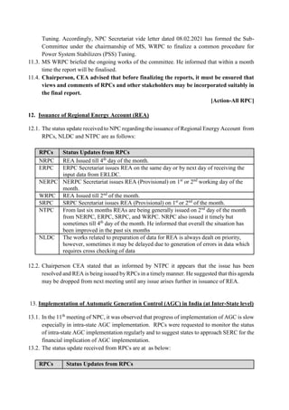 Tuning. Accordingly, NPC Secretariat vide letter dated 08.02.2021 has formed the Sub-
Committee under the chairmanship of MS, WRPC to finalize a common procedure for
Power System Stabilizers (PSS) Tuning.
11.3. MS WRPC briefed the ongoing works of the committee. He informed that within a month
time the report will be finalised.
11.4. Chairperson, CEA advised that before finalizing the reports, it must be ensured that
views and comments of RPCs and other stakeholders may be incorporated suitably in
the final report.
[Action-All RPC]
12. Issuance of Regional Energy Account (REA)
12.1. The status update received to NPC regarding the issuance of Regional Energy Account from
RPCs, NLDC and NTPC are as follows:
RPCs Status Updates from RPCs
NRPC REA Issued till 4th
day of the month.
ERPC ERPC Secretariat issues REA on the same day or by next day of receiving the
input data from ERLDC.
NERPC NERPC Secretariat issues REA (Provisional) on 1st
or 2nd
working day of the
month.
WRPC REA Issued till 2nd
of the month.
SRPC SRPC Secretariat issues REA (Provisional) on 1st
or 2nd
of the month.
NTPC From last six months REAs are being generally issued on 2nd
day of the month
from NERPC, ERPC, SRPC, and WRPC. NRPC also issued it timely but
sometimes till 4th
day of the month. He informed that overall the situation has
been improved in the past six months
NLDC The works related to preparation of data for REA is always dealt on priority,
however, sometimes it may be delayed due to generation of errors in data which
requires cross checking of data
12.2. Chairperson CEA stated that as informed by NTPC it appears that the issue has been
resolved and REA is being issued by RPCs in a timely manner. He suggested that this agenda
may be dropped from next meeting until any issue arises further in issuance of REA.
13. Implementation of Automatic Generation Control (AGC) in India (at Inter-State level)
13.1. In the 11th
meeting of NPC, it was observed that progress of implementation of AGC is slow
especially in intra-state AGC implementation. RPCs were requested to monitor the status
of intra-state AGC implementation regularly and to suggest states to approach SERC for the
financial implication of AGC implementation.
13.2. The status update received from RPCs are at as below:
RPCs Status Updates from RPCs
 