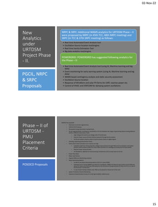 02-Nov-22
15
New
Analytics
under
URTDSM
Project Phase
- II.
NRPC & SRPC: Additional WAMS analytics for URTDSM Phase – II
were proposed by NRPC (in 45th TCC, 48th NRPC meeting) and
SRPC (in TCC & 37th SRPC meeting) as follows:
• Real time Automated Event Analysis tool
• Oscillation Source location tool/engine.
• Real time Inertia Estimation Tool
• Big data analytics tool/engine
POWERGRID: POWERGRID has suggested following analytics for
the Phase – II:
• Real time Automated Event Analysis tool (using AI, Machine learning and big
data)
• Event monitoring for early warning system (using AI, Machine learning and big
data)
• WAMS based contingency analysis and static security assessment
• Oscillation Source location
• Response of Windfarm and solar PV farms for LVRT, reactive power etc.
• Control of HVDC and STATCOM for damping system oscillations
PGCIL, NRPC
& SRPC
Proposals
Phase – II of
URTDSM -
PMU
Placement
Criteria
POSOCO has proposed
• Placement at all Inter-regional lines.
• HVDC & FACTS Devices
• Renewable Energy Generation Pooling Points.
• On all outgoing feeders including bus sectionalize or tie line between two stages of generating stations having different
tariffs or different ownership or both
• High Voltage (HV) side & Low Voltage side of Transformers
• Reactive Power sources & Sinks shall be measured through Synchro phasor
• All CB and isolators shall be wired to Synchro phasor device as digital signals
• Islanding, Separating & Restoration Points
• Points where State Estimation error chances are high
• Substation shall have Three phase Bus voltage measurements through PMUs & Circuit breakers and isolator
position shall be wired to PMU (for Linear State Estimator) for topology processing and full observability
• Reactive Power sources & Sinks
• All 765/400 kV, 400/220 kV Interconnecting Transformers (ICT) on both sides (LV & HV).
• Power Flow Gates
• Major Load Centres
• Angular Difference Monitoring Locations.
• Major Generating Stations-
• At 400 kV and above Generating stations (132 kV in case of NER).
• Individual Unit of rating 200MW and above for Coal/lignite, 50MW and above for gas turbine and 25 MW and
above for Hydro units shall have PMU placed at the terminals of the generator(s) at either the HV or LV side of
the Generator Transformers.
• In case of plant having multiple units, PMU can be placed on 50 percent of the units
• System Protection Scheme Monitoring
• Experience based locations known for small signal stability related issues.
POSOCO Proposals
 