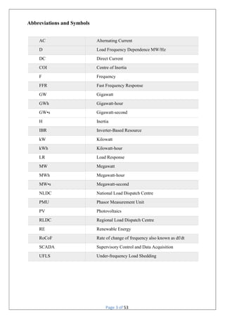 Page 3 of 53
Abbreviations and Symbols
AC Alternating Current
D Load Frequency Dependence MW/Hz
DC Direct Current
COI Centre of Inertia
F Frequency
FFR Fast Frequency Response
GW Gigawatt
GWh Gigawatt-hour
GW•s Gigawatt-second
H Inertia
IBR Inverter-Based Resource
kW Kilowatt
kWh Kilowatt-hour
LR Load Response
MW Megawatt
MWh Megawatt-hour
MW•s Megawatt-second
NLDC National Load Dispatch Centre
PMU Phasor Measurement Unit
PV Photovoltaics
RLDC Regional Load Dispatch Centre
RE Renewable Energy
RoCoF Rate of change of frequency also known as df/dt
SCADA Supervisory Control and Data Acquisition
UFLS Under-frequency Load Shedding
 