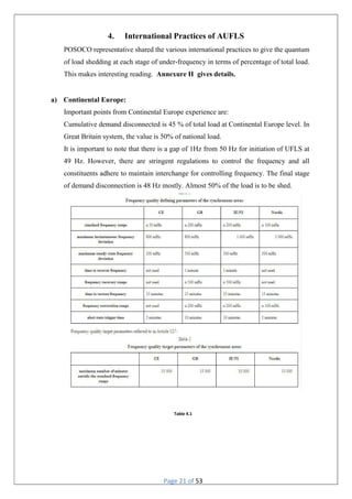 Page 21 of 53
4. International Practices of AUFLS
POSOCO representative shared the various international practices to give the quantum
of load shedding at each stage of under-frequency in terms of percentage of total load.
This makes interesting reading. Annexure II gives details.
a) Continental Europe:
Important points from Continental Europe experience are:
Cumulative demand disconnected is 45 % of total load at Continental Europe level. In
Great Britain system, the value is 50% of national load.
It is important to note that there is a gap of 1Hz from 50 Hz for initiation of UFLS at
49 Hz. However, there are stringent regulations to control the frequency and all
constituents adhere to maintain interchange for controlling frequency. The final stage
of demand disconnection is 48 Hz mostly. Almost 50% of the load is to be shed.
Table 4.1
 